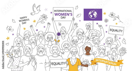 International Womens Day Celebration Diverse Crowd Holding Signs.