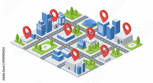 Isometric city map with location markers.
