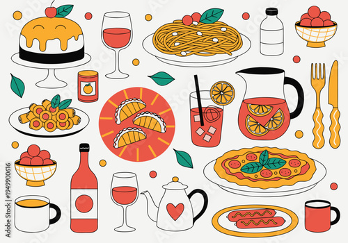 A collection of retro Italian food illustrations including a whole pizza with basil leaves and spaghetti on a plate against a cream background.