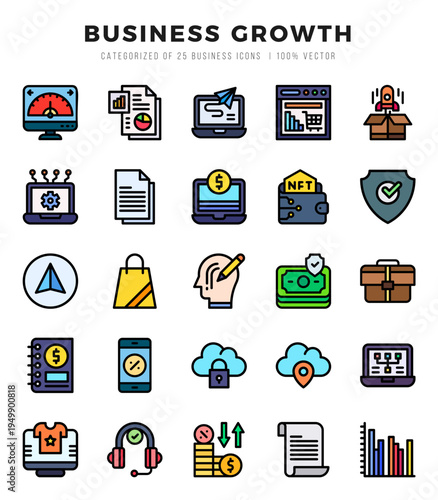 Collection of Business Growth 25 Lineal Color Icons Pack.