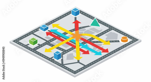 A 3D isometric strategy game board with colorful arrows and blocks on a grid.