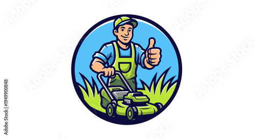 Gardener with lawnmower giving thumbs up sign.