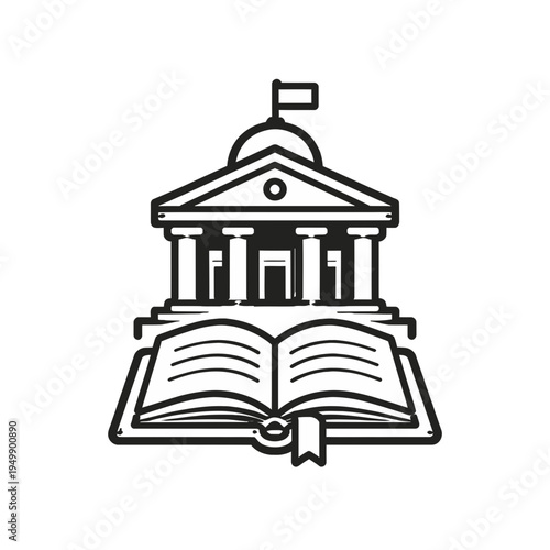 Conceptual line art icon blending a classical architectural building with an open book, symbolizing the foundational principles of education, knowledge acquisition, law, and governmental institutions