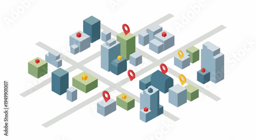 Isometric cityscape with location markers.