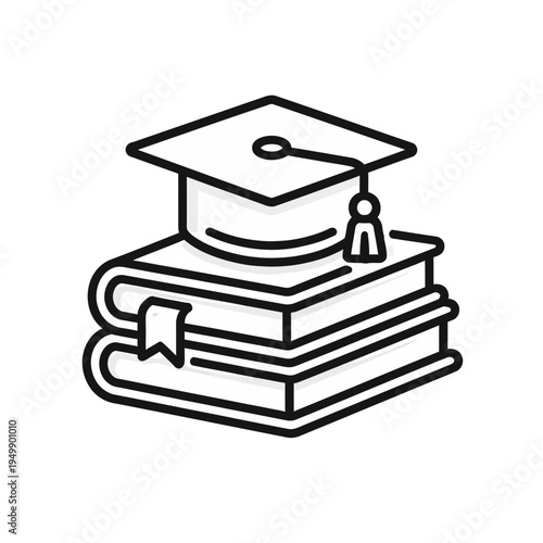 A clean and simple vector icon symbolizing academic achievement, learning, and the journey of education, featuring a graduation cap atop a stack of books for students and graduates