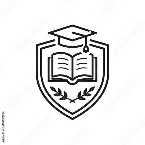 Clean line art academic icon, featuring a shield with an open book, graduation cap, and laurel wreath, symbolizing knowledge, success, and higher education for learning institutions
