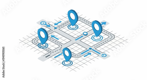 Locations marked on a map grid with blue pins and lines.