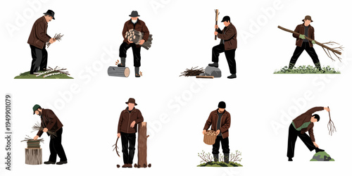 A set of flat vector illustrations depicting men in rural clothing gathering, carrying, and preparing firewood for the winter season.