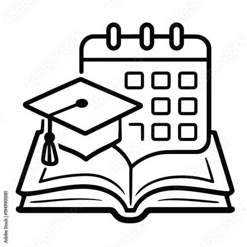 graduation cap and open book icon with calendar behind representing education and academic success