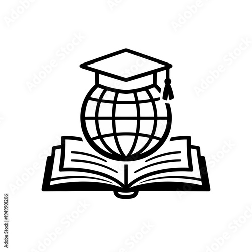 Global Education Icon An Open Book with a Graduation Cap and Globe Symbolizing Worldwide Learning and Knowledge