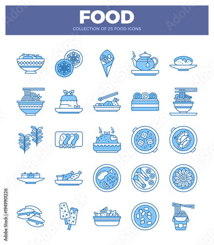 blue and white outline food icons on a white background.