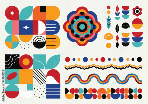 A collection of abstract geometric shapes and colorful wavy borders are organized into several distinct groups on a light cream surface for a graphic design layout.