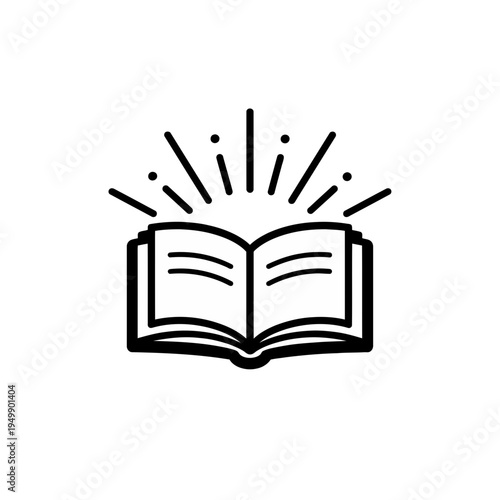 A black and white icon of an open book with radiating lines symbolizing knowledge or ideas, perfect for educational or creative themes