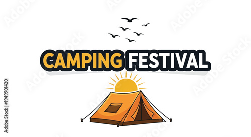 Vector illustration of orange camping festival logo with tent and sun
