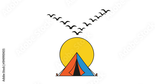 Vector illustration of camping tent with sun and birds