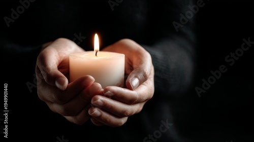 candle in female hands on black background with copy space, funeral concept