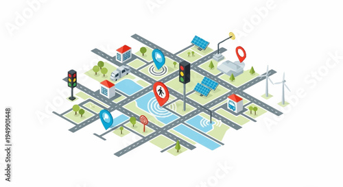 A vibrant city map with various icons.