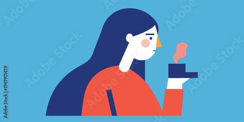 A minimalist side profile illustration shows a woman with long dark blue hair holding a small blue cup with rising pink steam on blue.