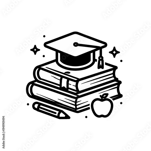 Educational icon featuring a graduation cap and stack of books, symbolizing knowledge and academic achievement in a simple, clear design