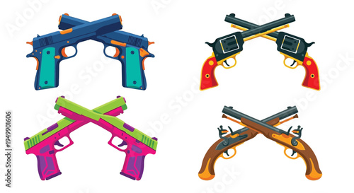 Colorful cartoon illustration of four pairs of crossed revolvers and pistols
