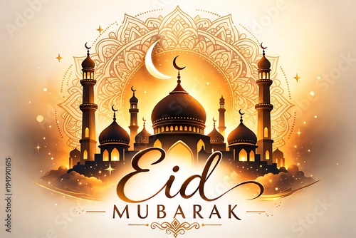 Beautiful Eid Mubarak Islamic Festival Illustration Featuring Majestic Mosque Architecture with Crescent Moon and Decorative Mandala Ornament Background 