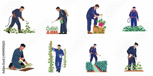 Set of diverse farm workers in protective gear and goggles spraying pesticides or fertilizers on various vegetable crops in a flat illustration style.