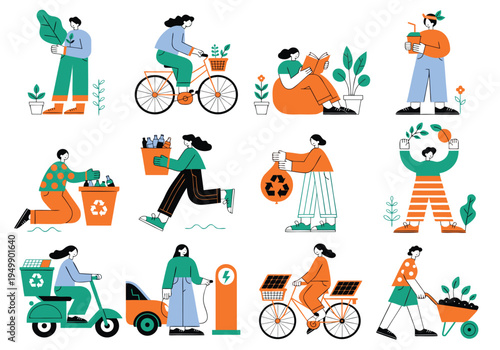 Twelve individual vector scenes depict people performing ecological tasks such as recycling glass bottles and riding solar-powered bicycles on white.