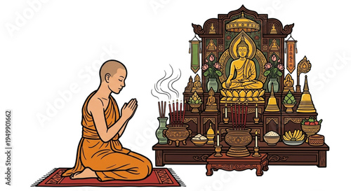 A monk prays in front of a worship altar. Isolated on a white background.