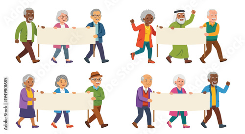 Diverse group of seniors cheerfully holding blank white banners while walking