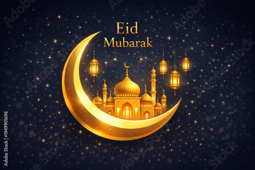 Elegant Eid Mubarak Festival Illustration with Golden Mosque Architecture and Hanging Lantern Decorations in Sparkling Starry Sky