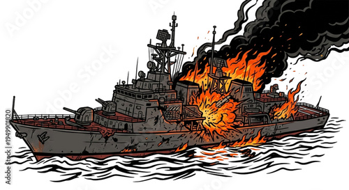illustration of a burning warship in the ocean.
