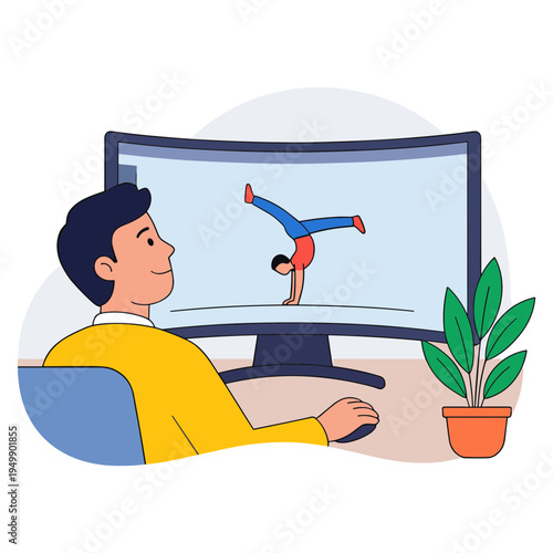 Man watching gymnast on computer screen in office with plant