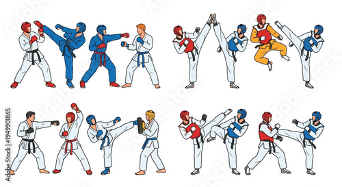 Illustrative depiction of various karate poses and martial arts movements