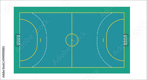Overhead view of a teal handball court with marked lines and goals