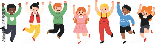 Happy jumping kids collection cheerful children celebrating and playing vector illustration set