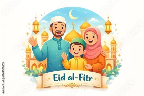 Happy Muslim Family Celebrating Eid al Fitr Together with Mosque Background and Lantern Lights in Colorful Islamic Festival Illustration Representing Joy Peace and Eid Mubarak Celebration