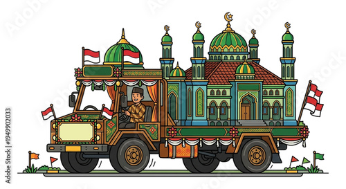 The tradition of welcoming Eid al-Fitr by chanting takbir using a car decorated with a replica of a mosque.