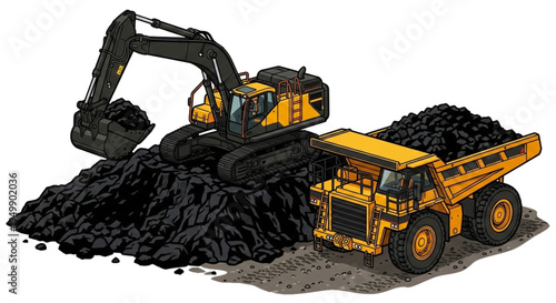 Illustration of mining using excavators and dump trucks.