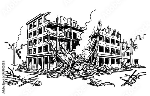 black and white illustration of a destroyed building.