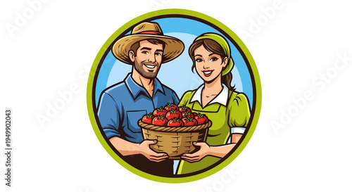 Happy farming couple holding a basket of fresh red apples.