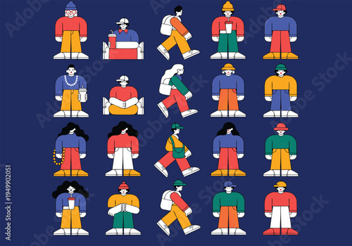 Twenty small stylized figures wearing brightly colored outfits are walking or standing against a solid dark blue background in a four row grid.