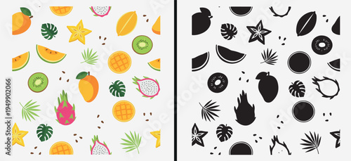 Colorful fruit icon pattern, tropical fruit illustration background, cute fruit seamless pattern design, healthy food fruit pattern texture, modern fruit icon wallpaper, colorful fruit decorative patt