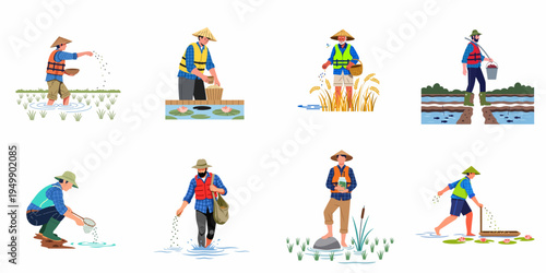 Set of vector illustrations depicting aquaculture workers feeding fish and shrimp in various aquatic environments like ponds and rice fields.