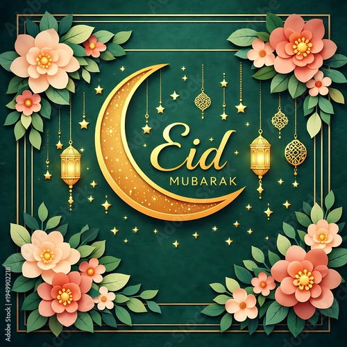 Islamic Festival Greeting Card Featuring Crescent Moon, Lantern Lights and Floral Decorations Creating Elegant Ramadan Kareem and Eid Mubarak Celebration Design