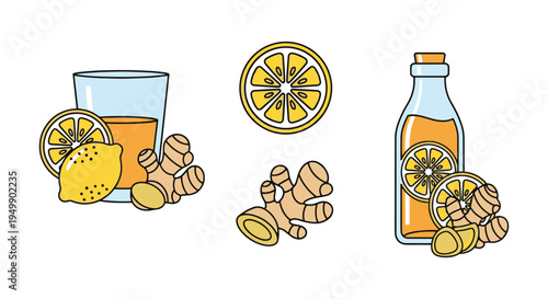 Ginger Lemon Juice Line art dynamic abstract vibrant color vector