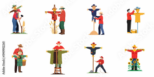Set of illustrations featuring farmers building and dressing scarecrows to protect crops in fields and gardens.