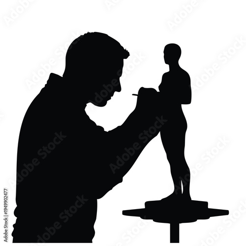Artist creating sculpture silhouette, man works with clay or stone figure