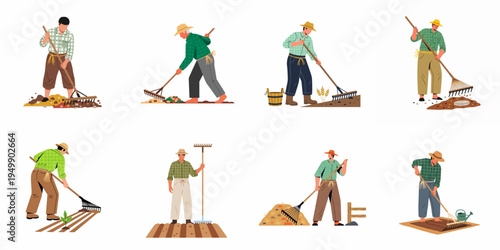 Set of flat vector illustrations depicting male farmers working with rakes in various agricultural and gardening activities isolated on a white background.