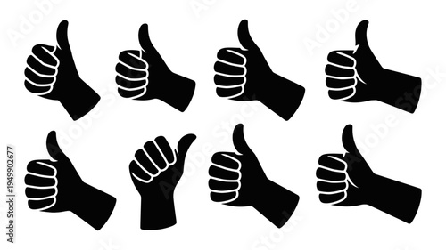 A collection of eight black silhouette thumbs-up gestures, symbolizing approval and success.