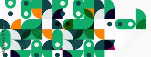Abstract geometric pattern. Shapes overlap, creating vibrant composition. Greens, oranges, grays dominate design. Modern aesthetic.
